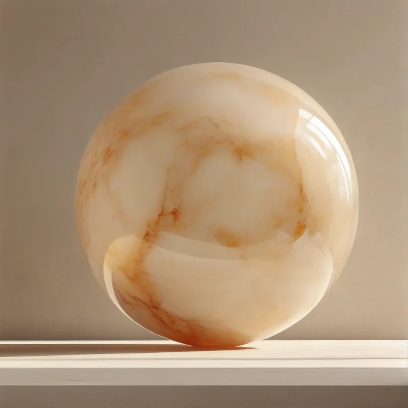 A polished round stone with cream and amber patterns rests on a white shelf against a beige wall catching bright light.