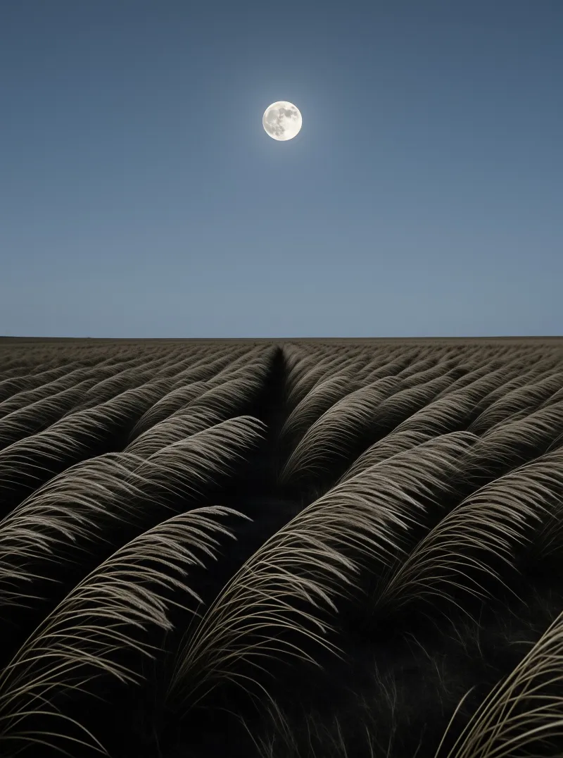 A vast field of golden grain rows stretching toward the horizon beneath a clear blue sky and a bright full moon.