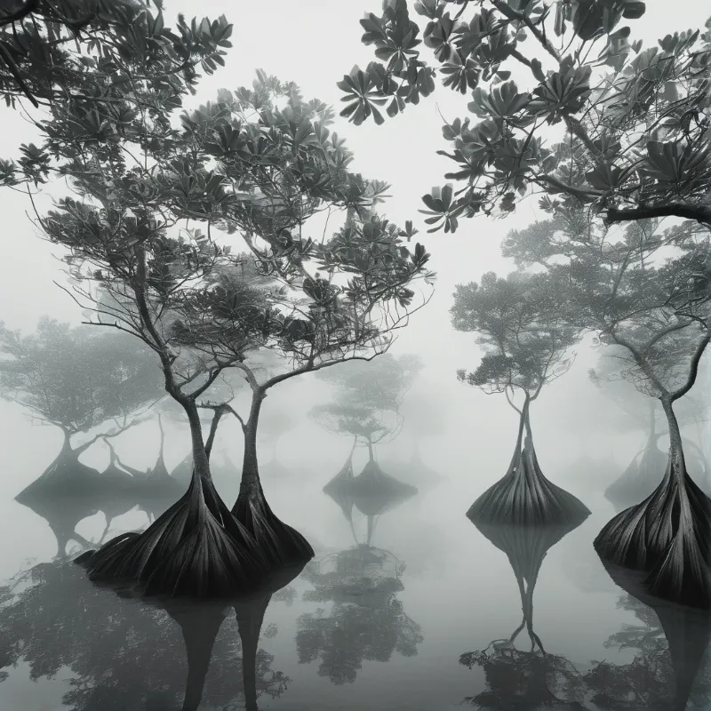 Monochromatic scene showing bizarre trees with large inverted bases rising from a foggy reflective surface.