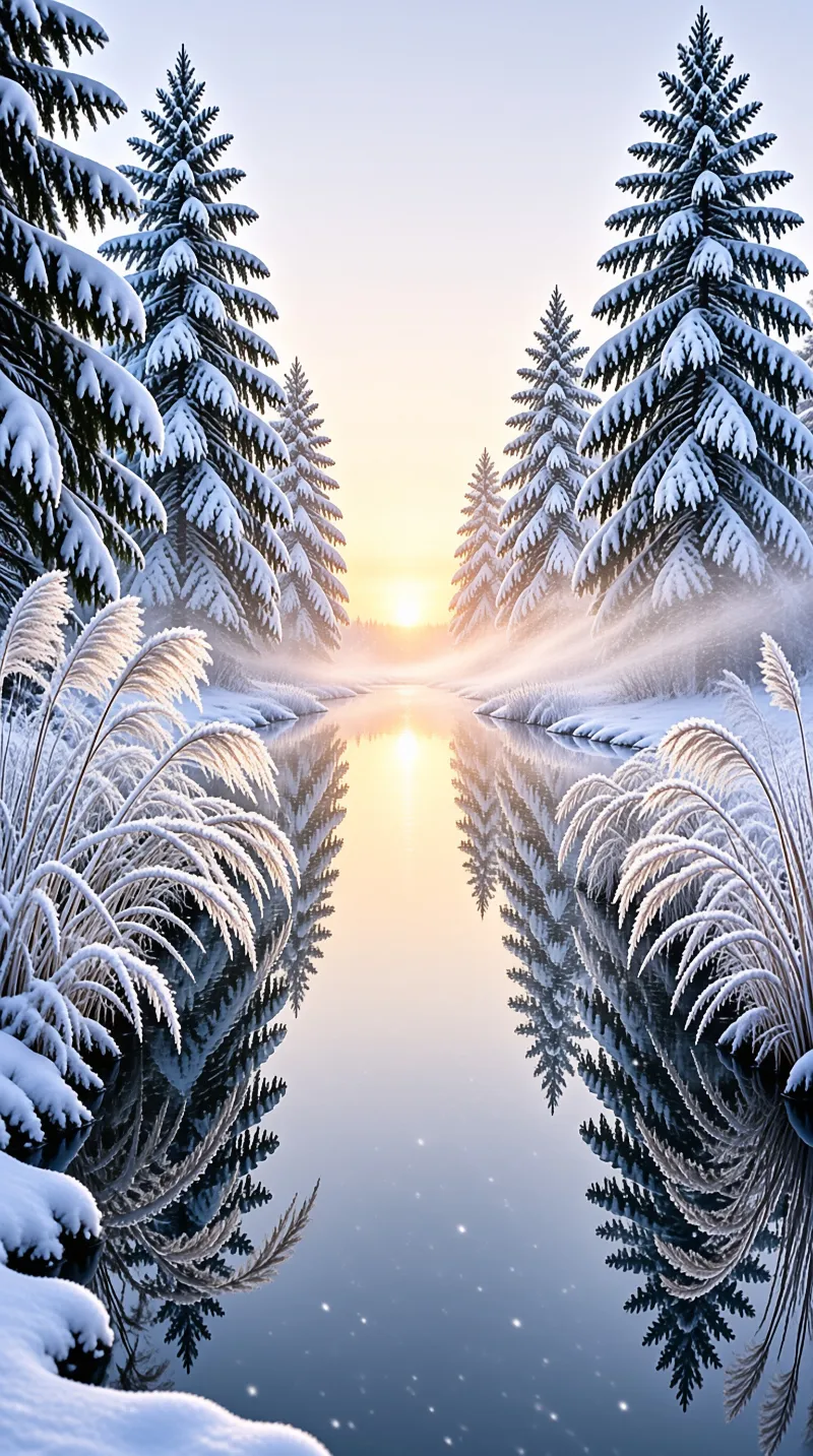 Frost-covered evergreens line a calm river that mirrors the pale glow of a low winter sun.