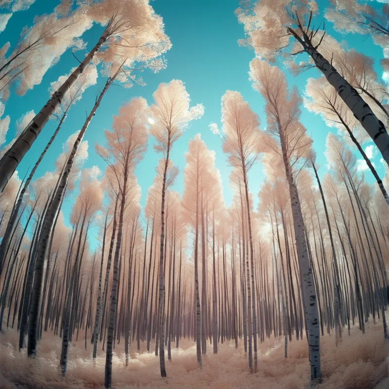 Slender trees with pale white crowns stand tall against a vivid blue sky in a sunlit forest.
