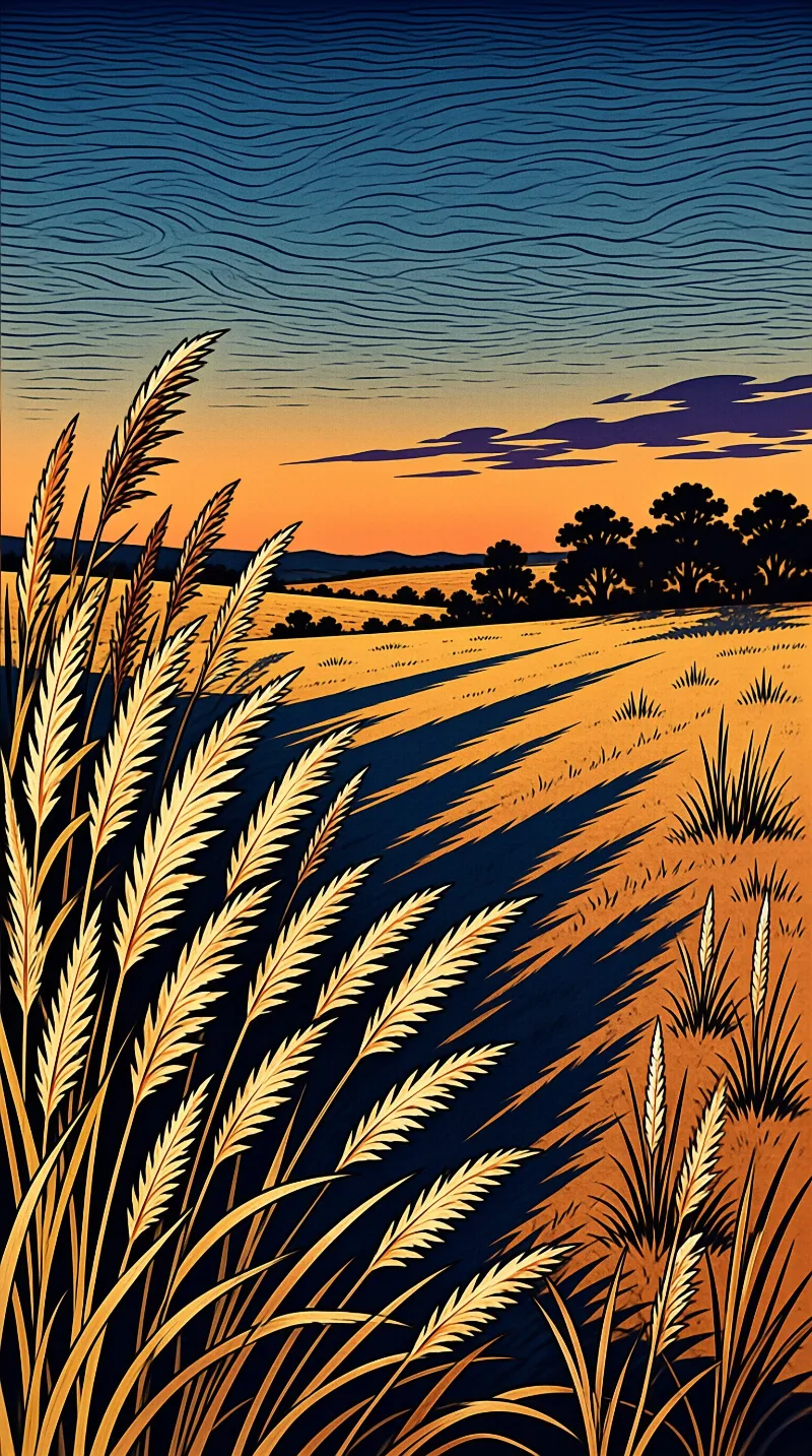 A stylized print shows tall grain seed heads with long shadows crossing an orange field toward dark trees.