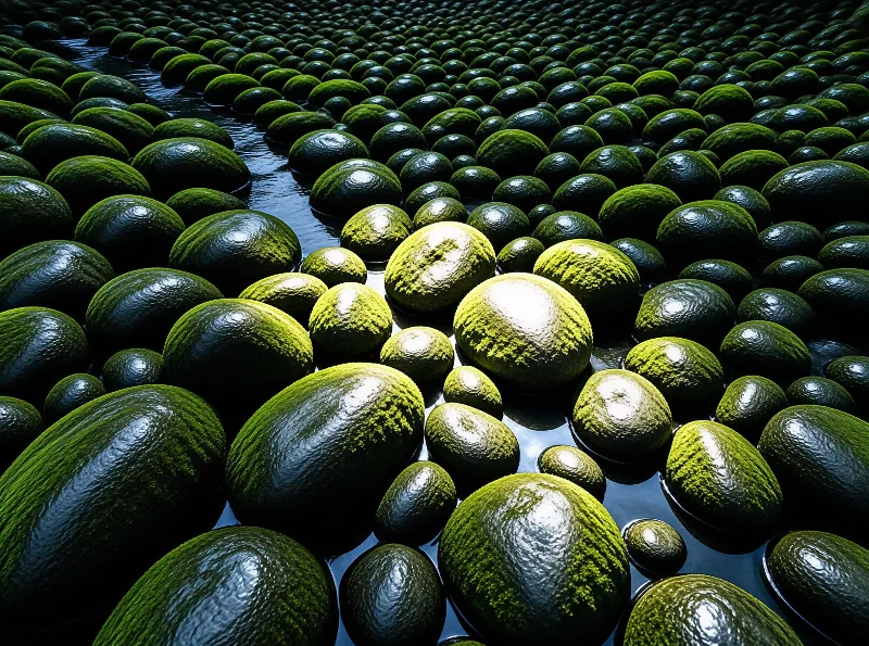 Countless moss-covered avocados float densely packed on dark wet ground with bright reflections on their surfaces.