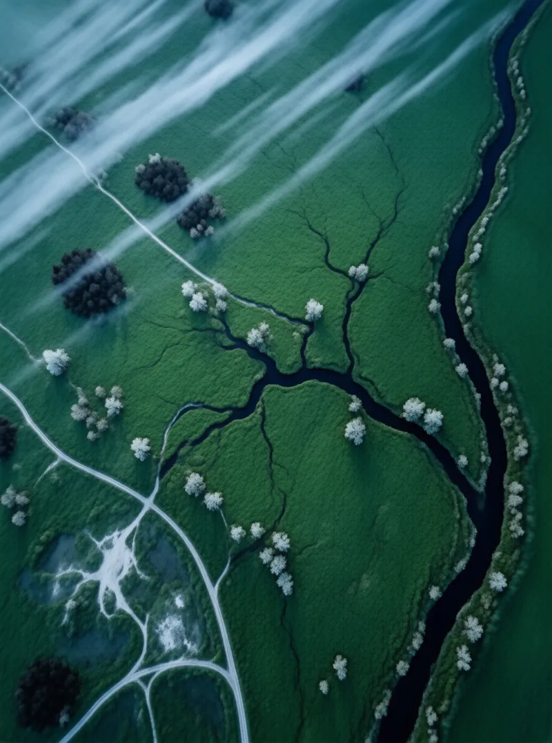 Aerial shot of a dark river curving through green land scattered with trees and diagonal white fog.