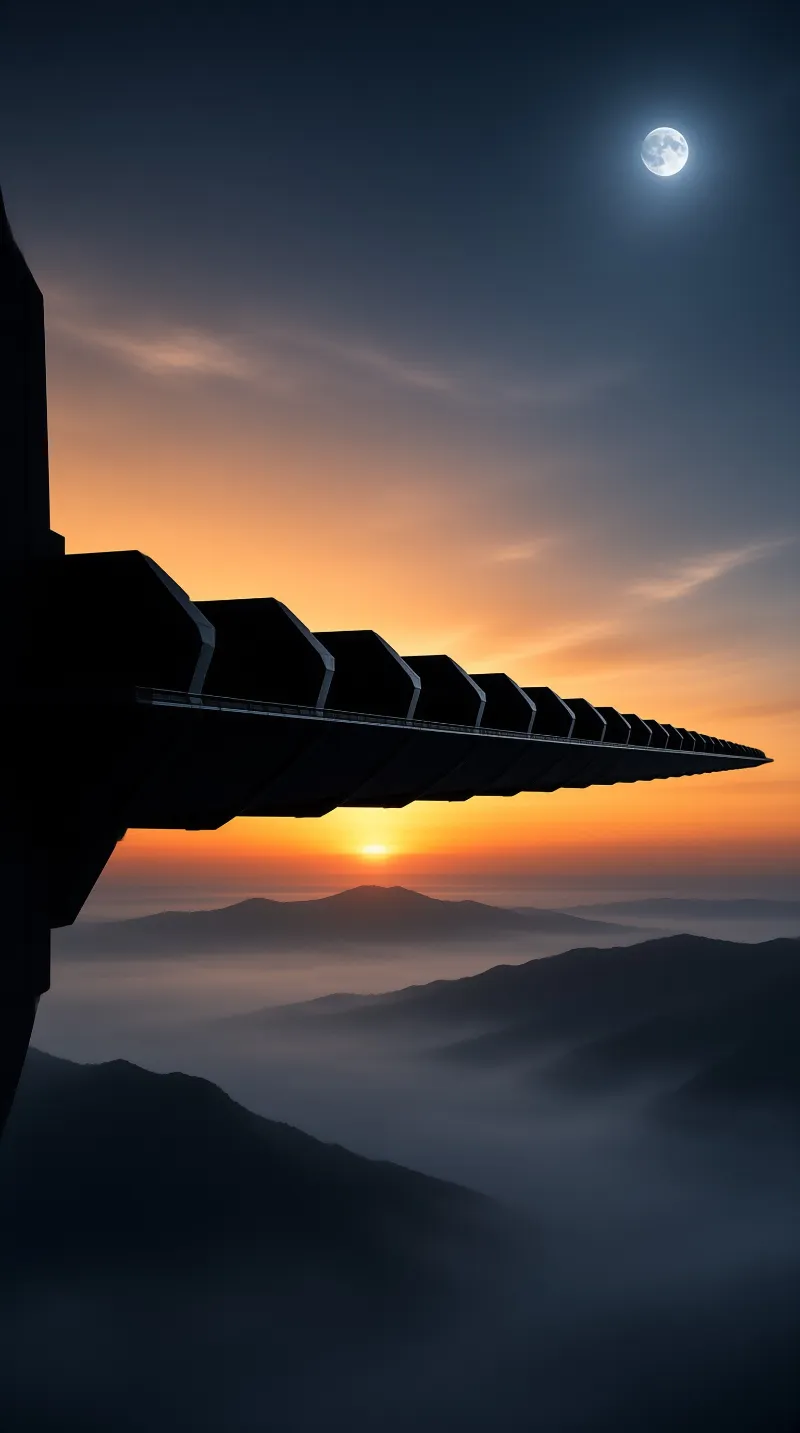 A long geometric walkway projects over foggy mountain ridges during a sunset with a bright moon above