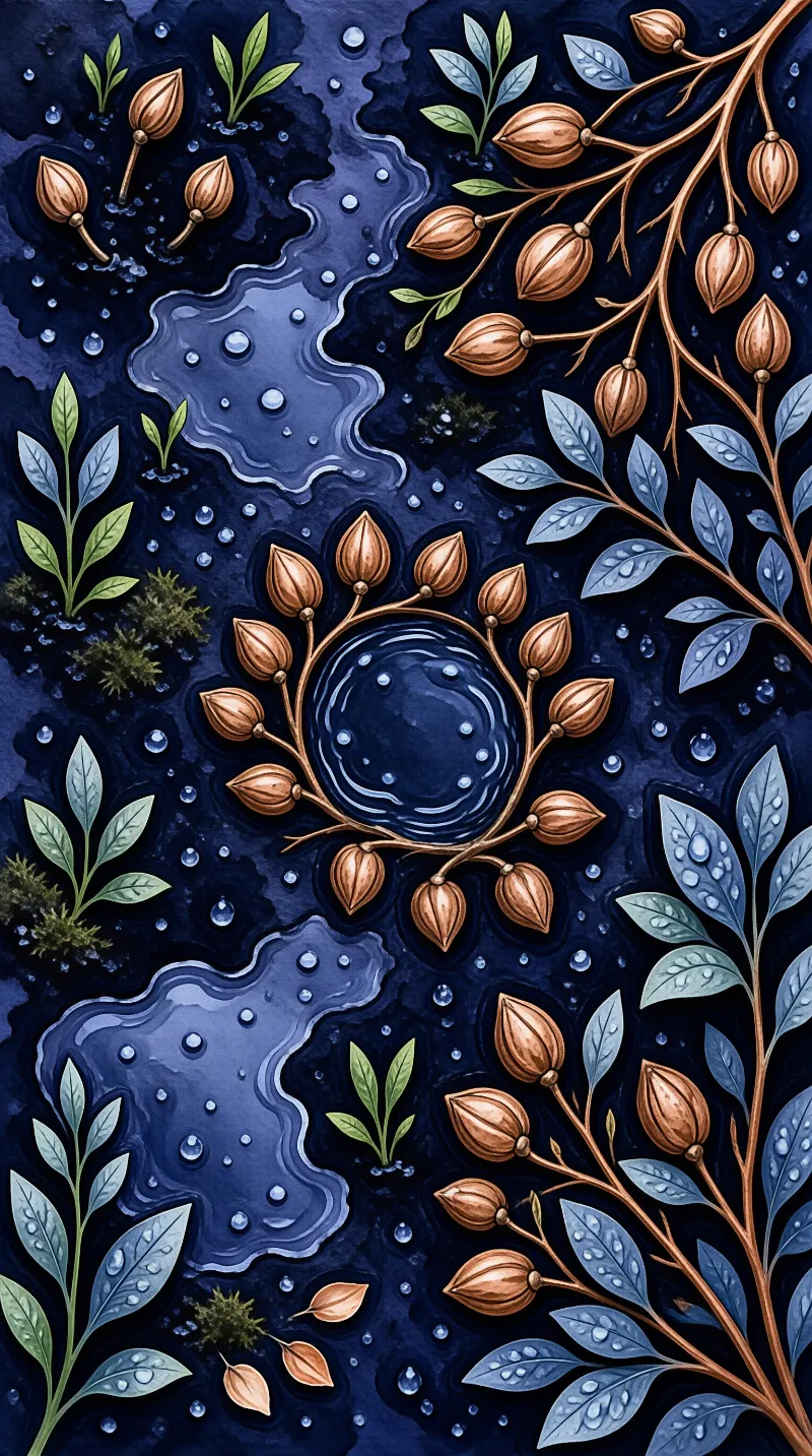 Copper seed pods and blue leaves surround a central water ripple on a dark blue background with scattered droplets.
