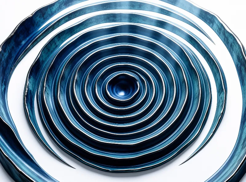 Concentric ridges of deep blue and white slip spiral inward like water rings, seen from above against a pale ground.