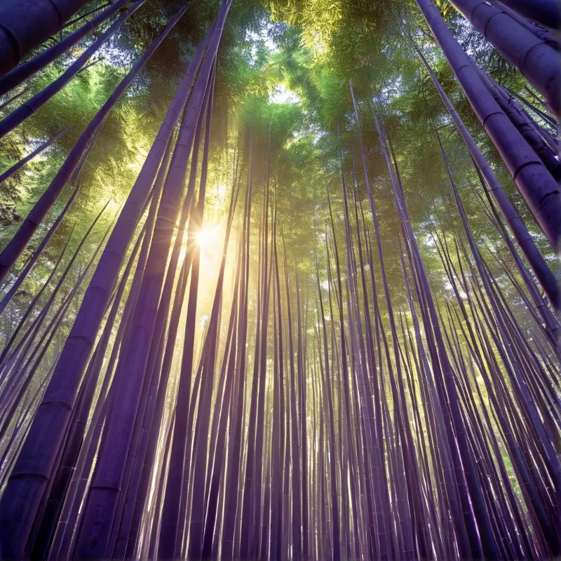 Low angle view of tall bamboo stalks reaching up to a bright sun shining through green leaves.