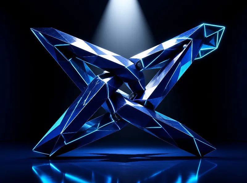 A faceted cross of deep blue planes stands on a dark reflective floor, its ridges outlined by electric light.