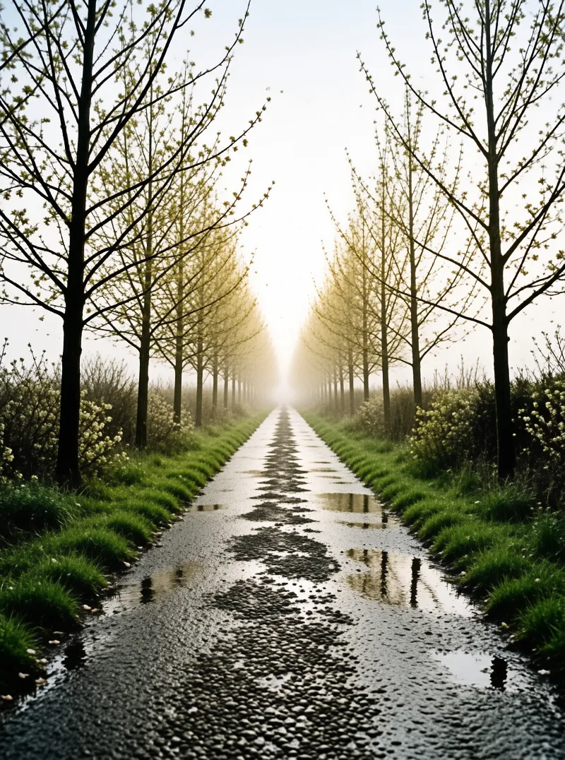 Wet gravel road stretches toward fog, flanked by tall budding trees while light reflects off puddles on the ground.