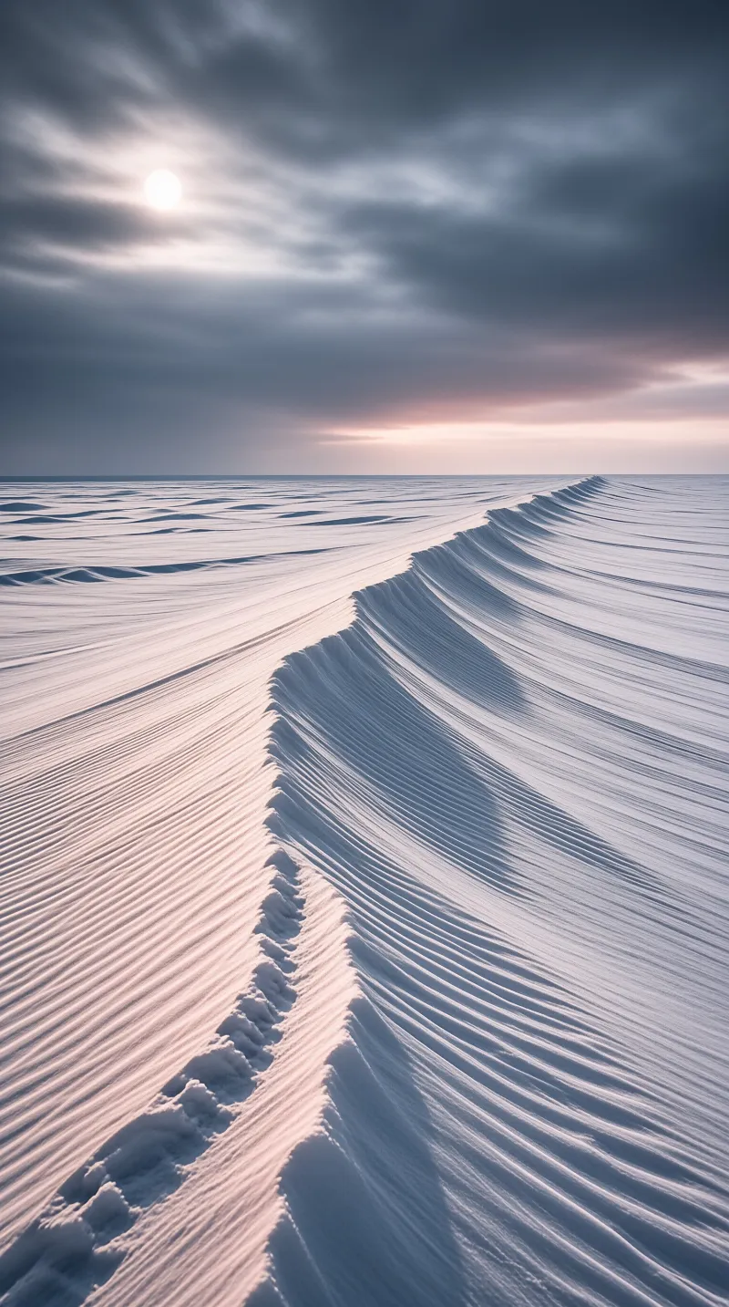 A narrow crest of sculpted snow runs toward the horizon under a pale sun behind thin grey cloud