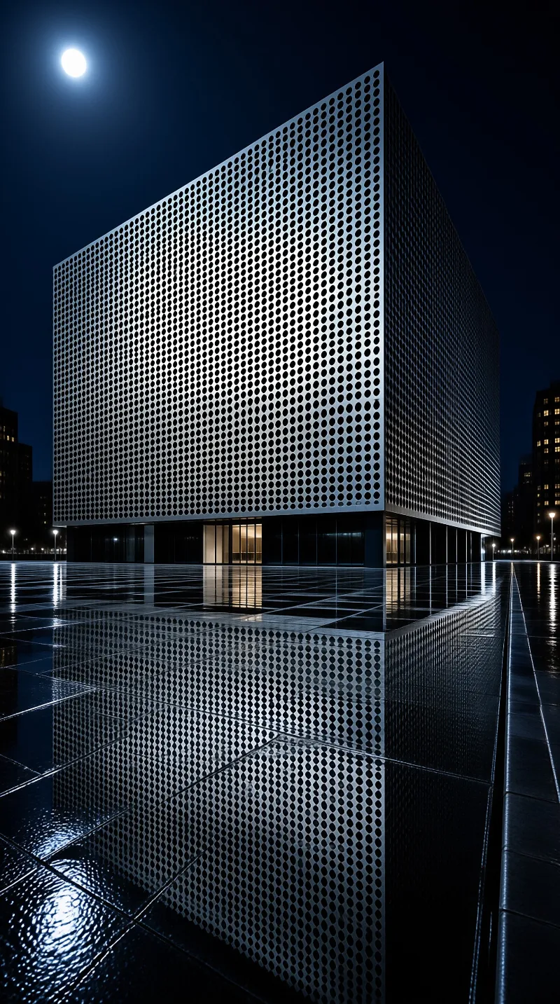A perforated metal building stands on a wet plaza at night with its reflection visible in the water.