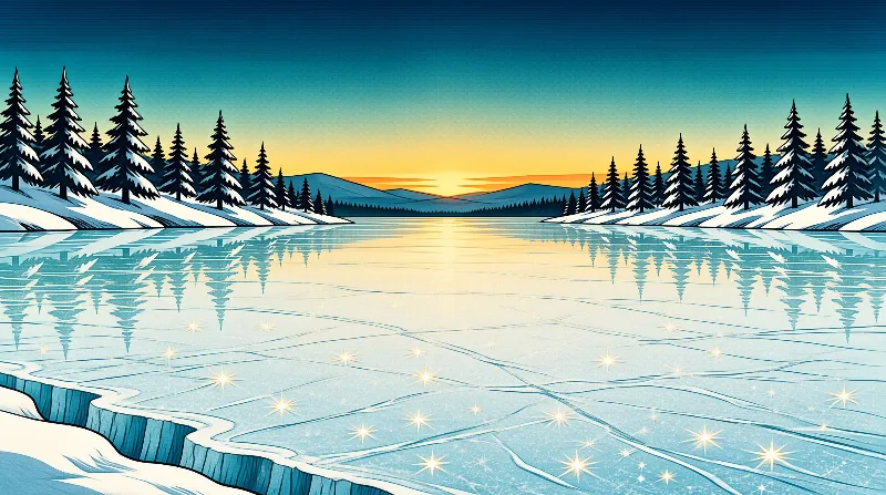 A stylized mid-century scene shows an icy lake dotted with starlike glints between snowy firs at dusk.