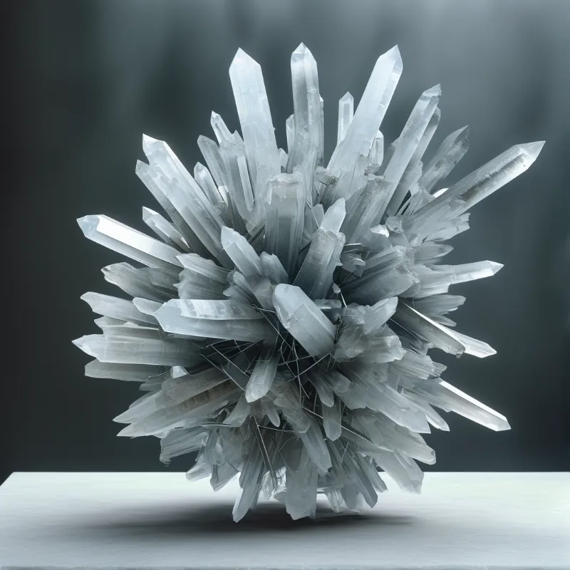 A dense aggregation of sharp pale blue crystals sits atop a bright white pedestal against a dark out of focus background