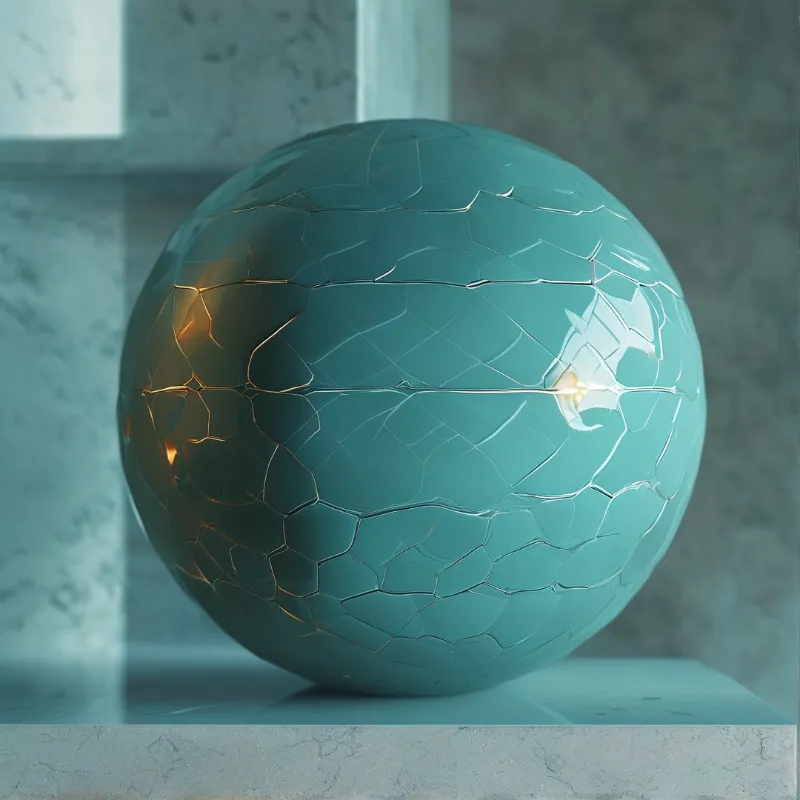 A cracked turquoise orb with gold lines sits on a concrete surface under soft light.