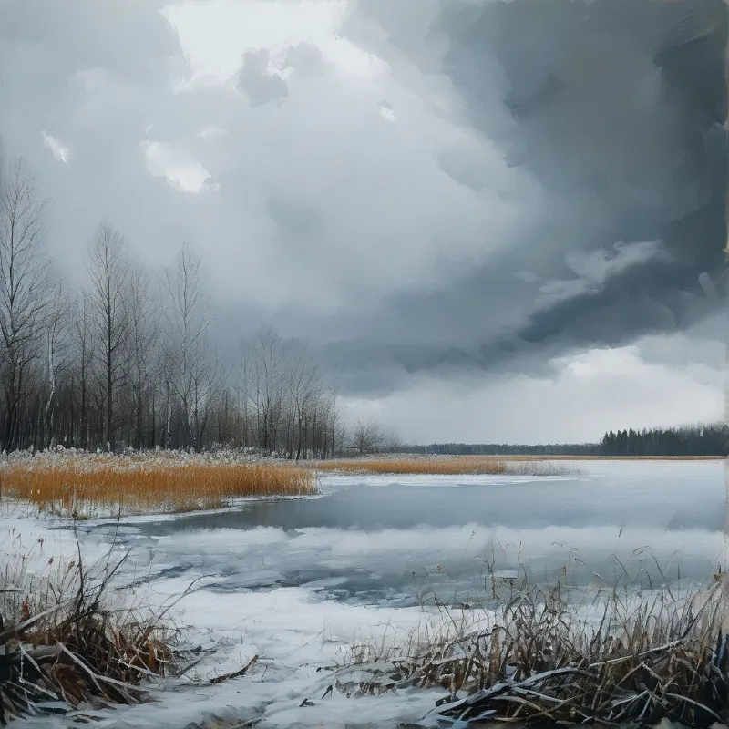 A wide expanse of icy water stretches toward a horizon of distant trees beneath a heavy, gray, cloudy atmosphere.