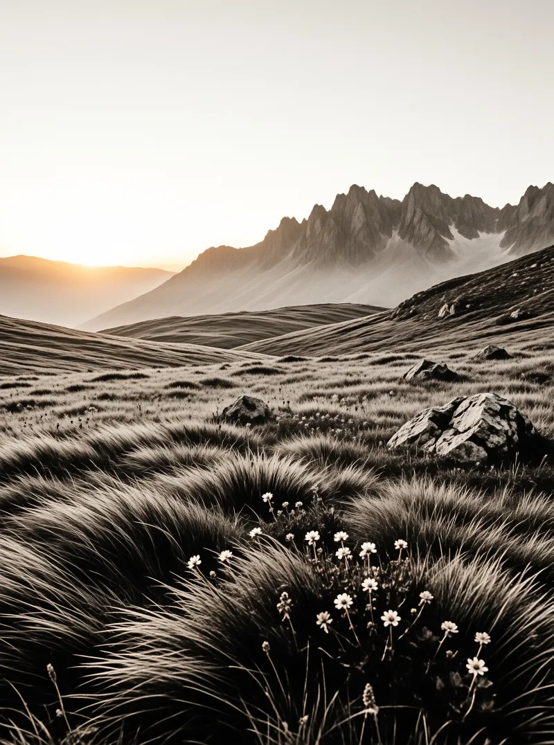 White alpine daisies bloom among wind-bent grasses as mist lingers in valleys below jagged peaks in warm low light.