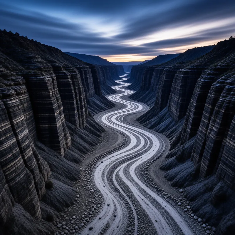 Stream curves through massive cliffs displaying horizontal striations while warm light glows on the distant horizon.