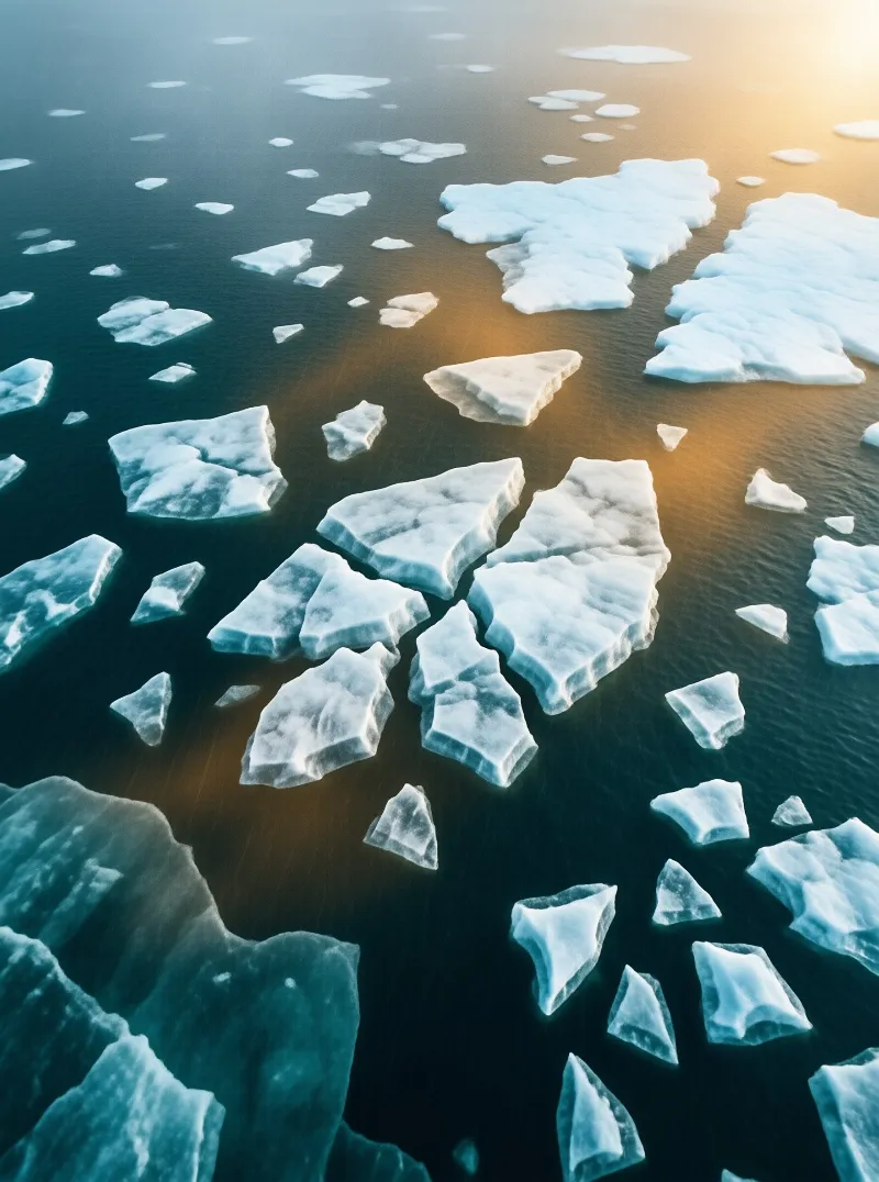 Scattered chunks of white ice drift on deep dark water illuminated by a bright golden reflection of the sun.