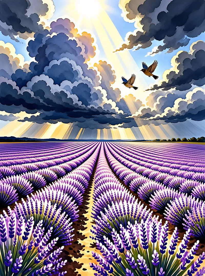 Rows of purple lavender lead the eye beneath dark clouds pierced by golden sunbeams and flying birds.