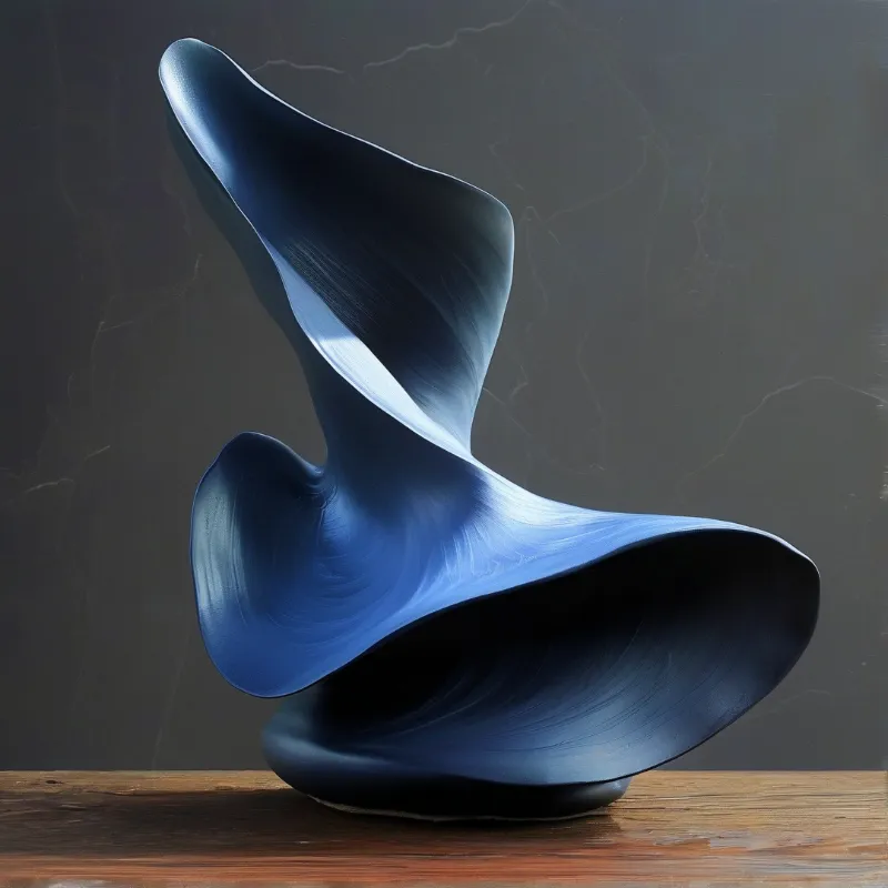 Twisted blue ceramic piece resting on wood with directional light highlighting curves against gray wall.