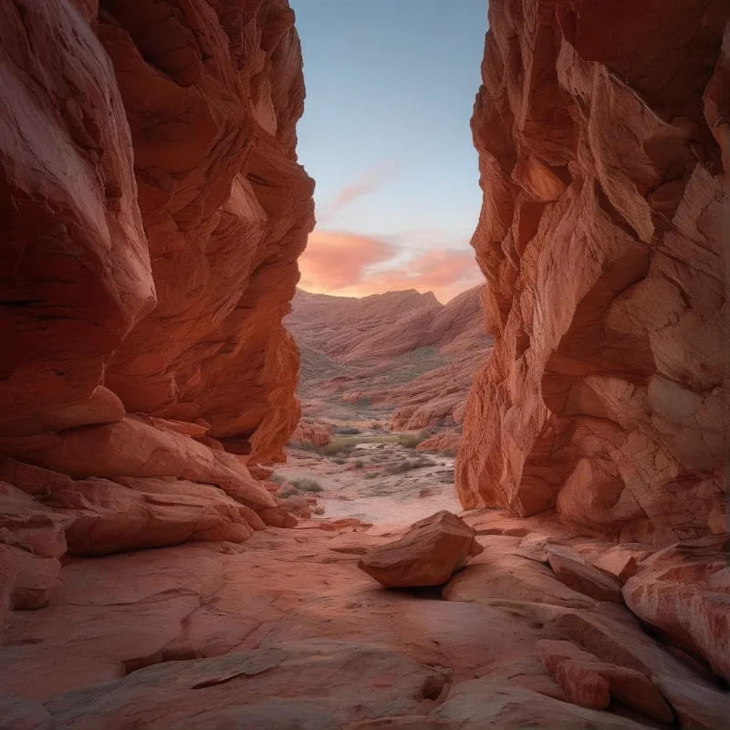 A narrow slot canyon carved from vibrant red sandstone opens into a wide desert valley beneath a colorful sunset sky.