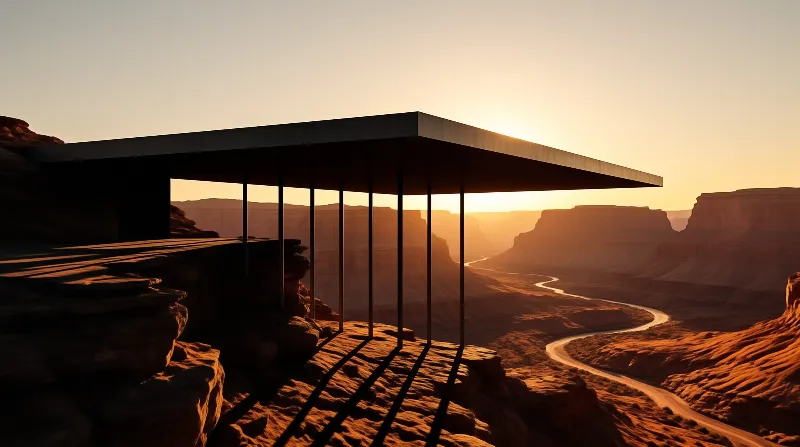 A minimalist cantilevered structure with a flat roof and thin supporting columns extends from a rocky desert cliff, overlooking a winding river through a canyon bathed in warm orange sunset light.