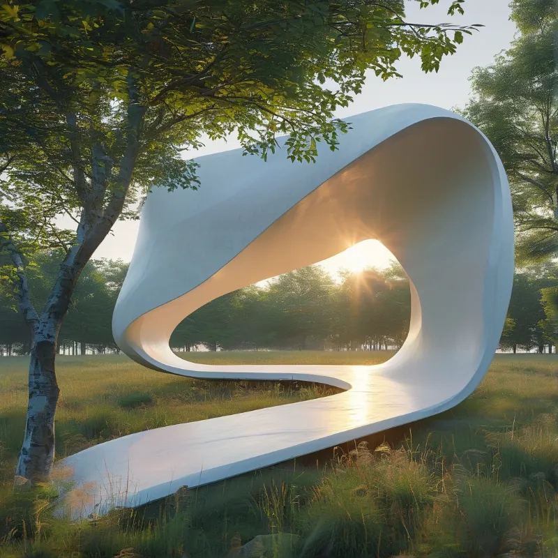 A flowing white curved sculpture sits in a misty tree lined meadow, with sun shining through its central hollow