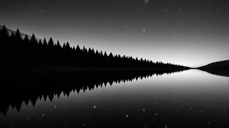 Black and white landscape showing pine tree silhouettes against a starry sky reflected in calm water.