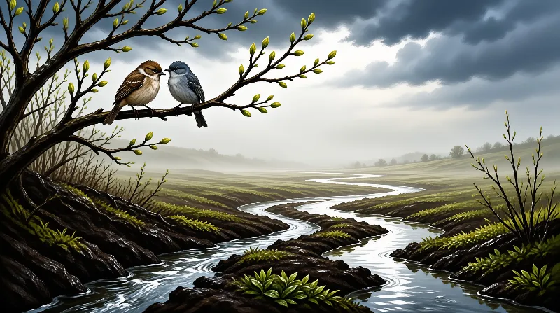 Two small birds, one brown and one blue, sit on a budding branch above a winding river under a dramatic cloudy sky.
