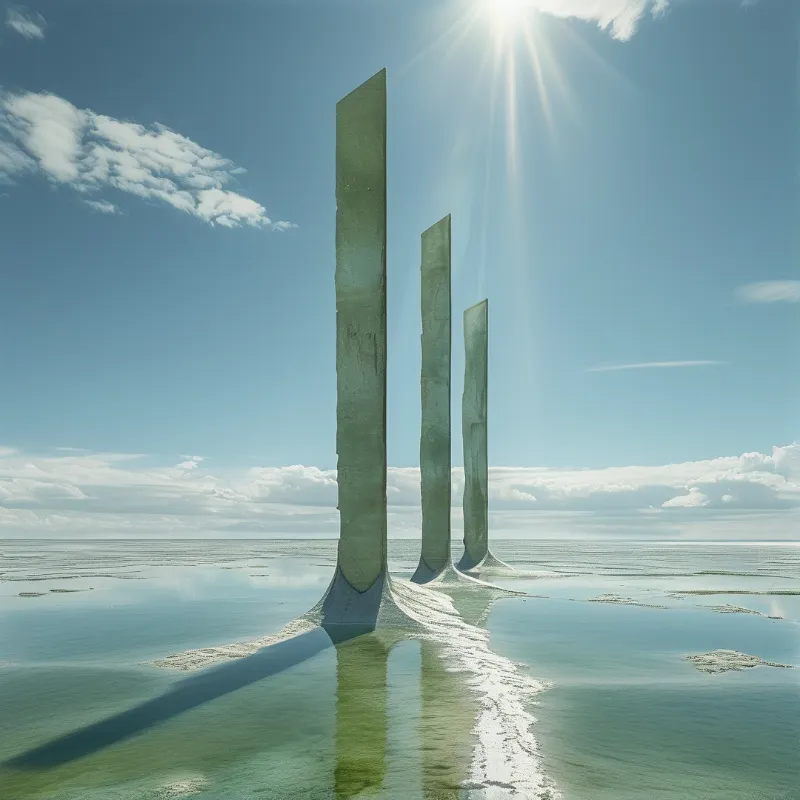 Three tall green monoliths stand in a row across a reflective salt flat beneath bright sun rays.