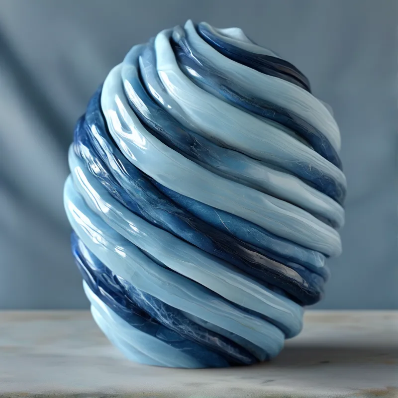 A rounded sculptural form with deep blue and pale blue swirling bands rests on a light surface against a soft blue backdrop.