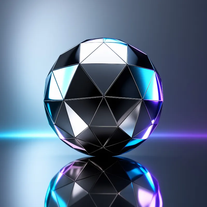 A dark faceted geometric ball sits on a reflective surface under blue and purple illumination.