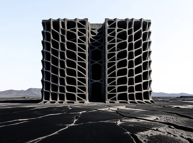 A large grey honeycomb structure stands isolated on cracked earth with distant mountains under a pale sky.
