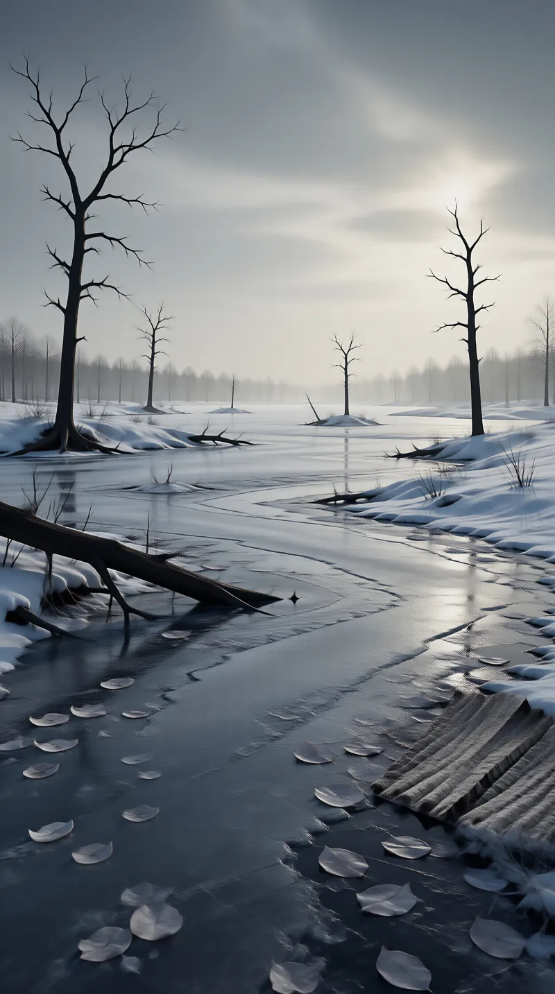 Frozen River with Bare Trees