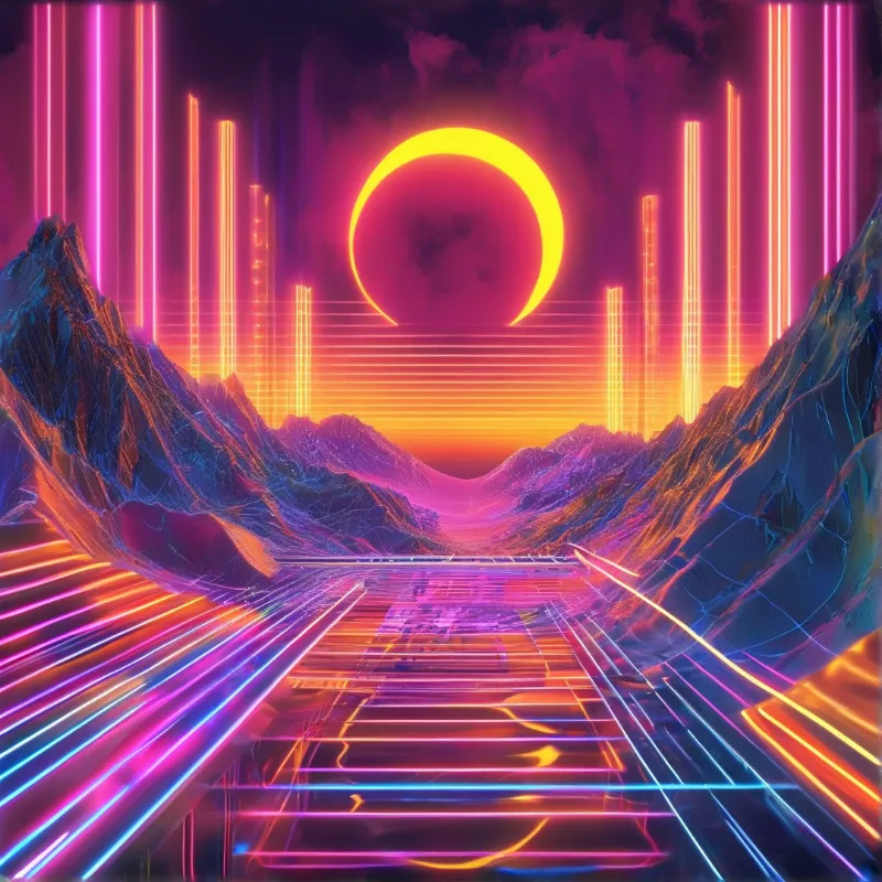 A retro-futuristic grid road runs between neon mountains toward a huge glowing crescent sun.