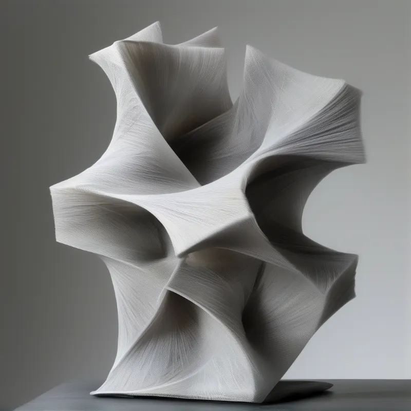 White twisted paper sculpture standing on a dark table against a neutral grey backdrop with soft shadows.