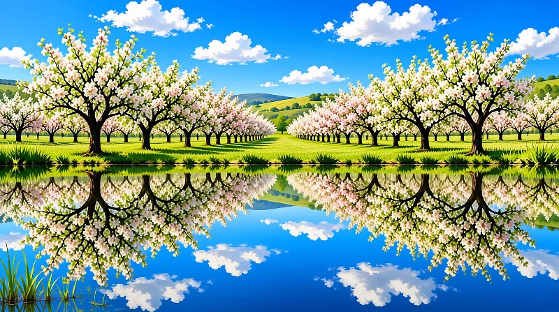 A spring orchard of pink and white flowering trees stands along a calm pond that reflects the blue sky and clouds.