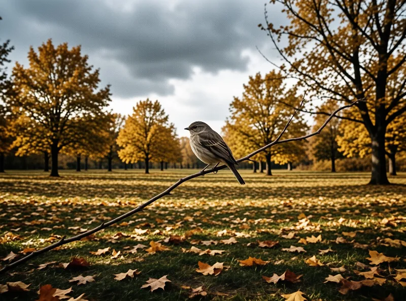 A small bird perches on a slender twig above a grassy field scattered with golden foliage and dramatic clouds.