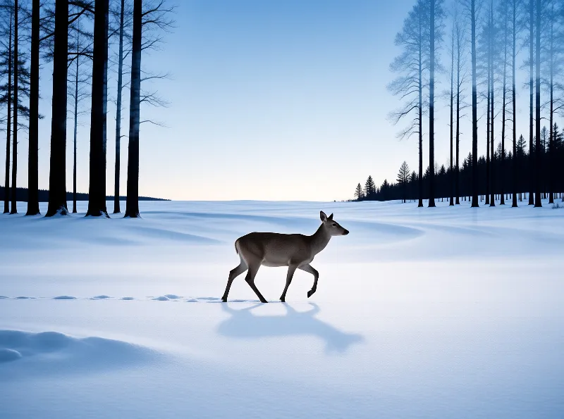 A lone deer strides across deep blue snow between tall dark pine trunks at winter dusk.