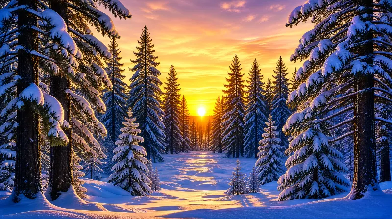 Snowy Pine Forest at Sunset