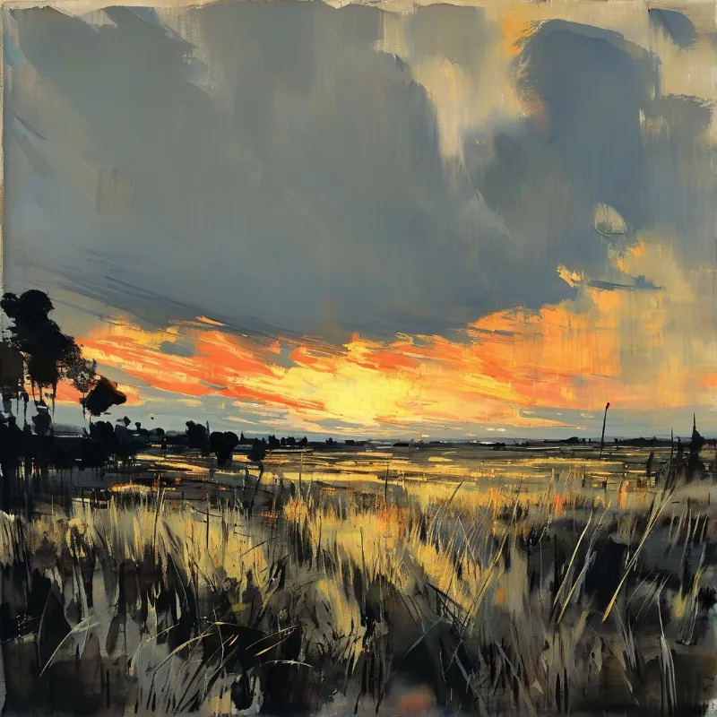 A painterly landscape with tall grasses in the foreground against a horizon glowing orange beneath heavy dark clouds.