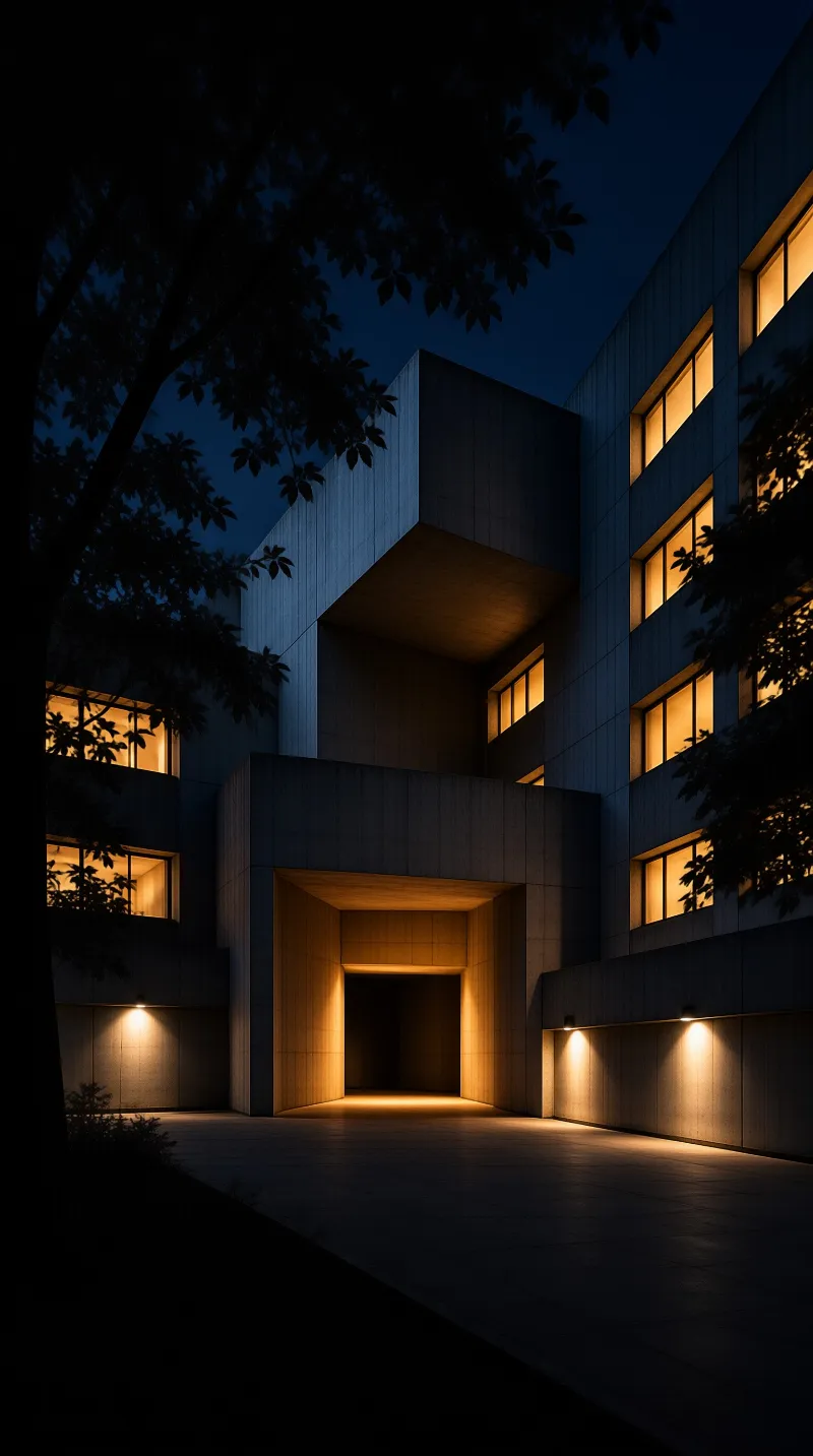 Concrete building against a deep blue sky with warm light glowing through windows and illuminating the entrance tunnel.