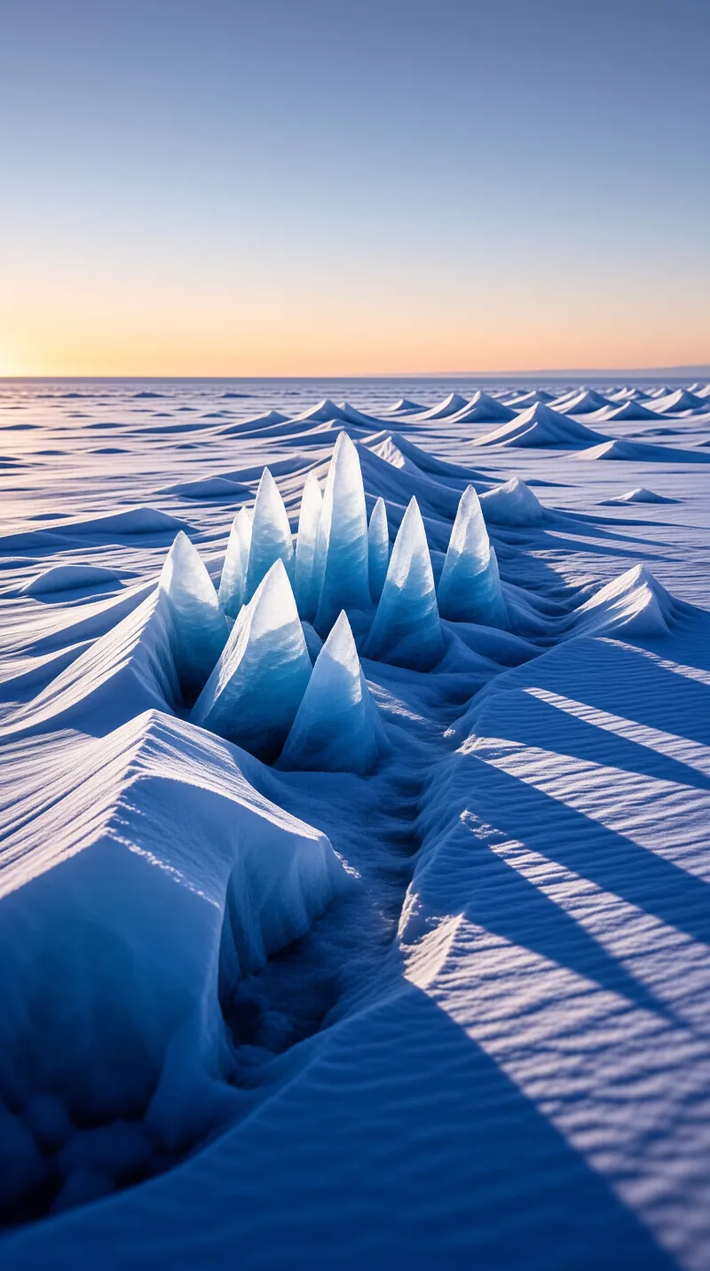 Sharp blue ice spires rise from a vast field of sculpted snow under a pale orange horizon.