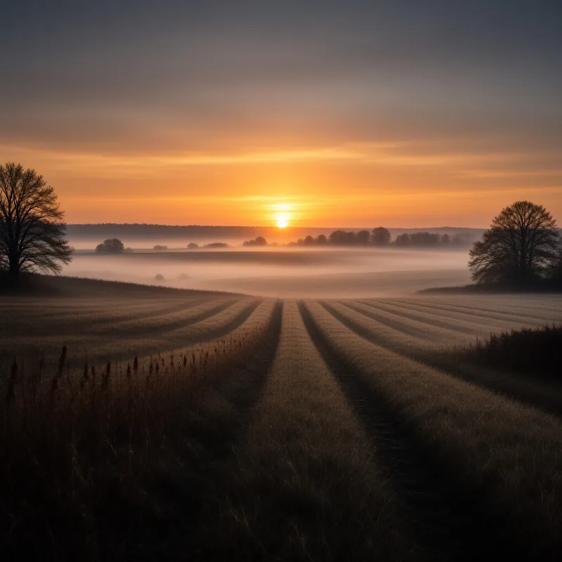 Rows of plowed earth lead the eye toward a glowing sun rising above a low fog layer that drifts across the distant tree line.