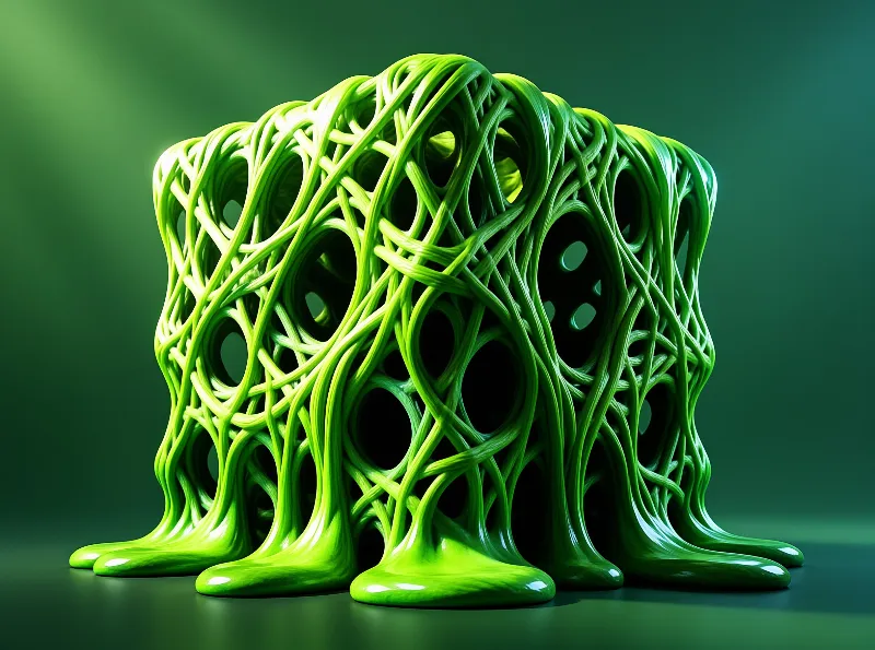 Sculptural intertwined green tubes on a dark surface, with soft green lighting highlighting glossy texture and hollow openings.