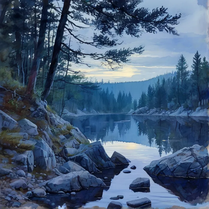A still mountain lake reflects surrounding pine trees at dawn, with pale light glowing softly behind hazy distant forested ridges over smooth calm water.