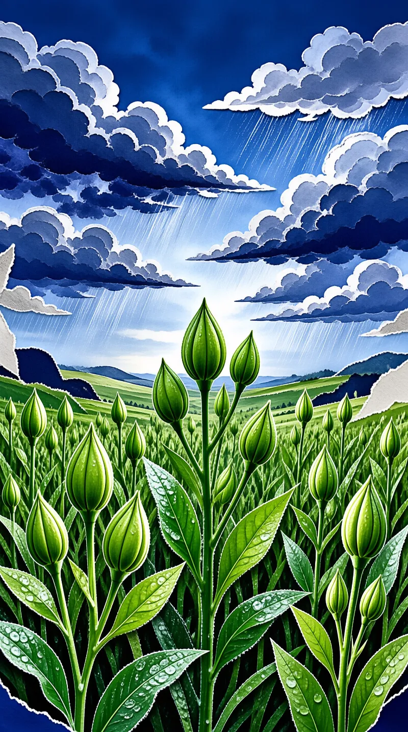 A field of vibrant green unopened plant buds stretches across the foreground with water droplets on leaves while dark storm clouds release rain into the distant mountainous landscape above.
