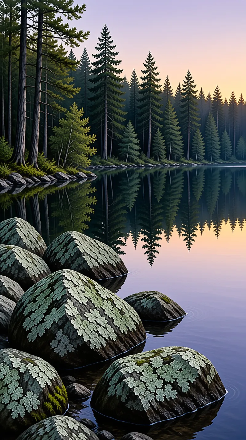 Large lichen covered rocks sit in a still lake reflecting the surrounding pine forest and the fading orange sky.