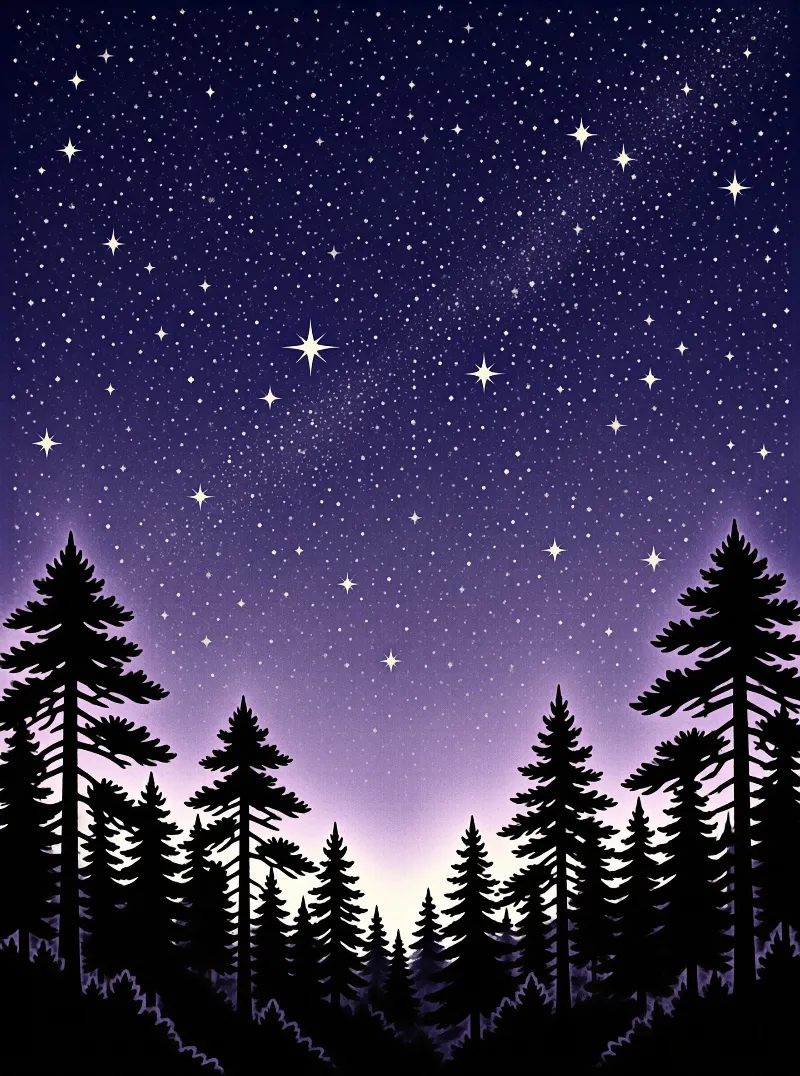 Silhouettes of evergreen trees line the bottom of a deep purple sky scattered with white stars.